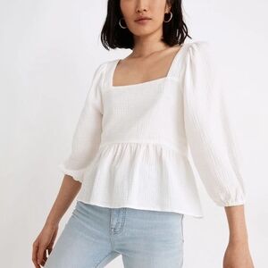 Madewell Lightspun Millbrook Puff-sleeve  Peplum Top Lighthouse Color